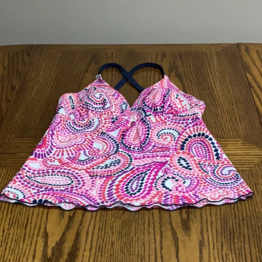 Swim bathing suit top pretty in pinks & purples with navy blue trim size 8